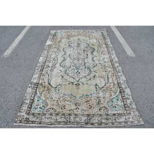 Tapis turc vintage 4.9x8.8 pieds laine tissage plat support en latex vert beige motif patchwork pour décorations de couloir de salon - Product Image 1