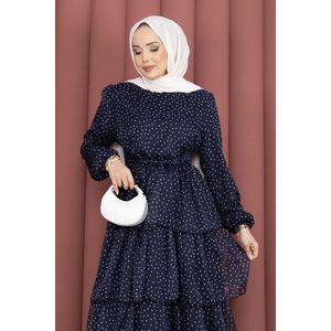 Robe trapèze bleu marine à pois superposés, design personnalisé, coupe Empire, longue, en crêpe, mousseline et polyester tissé, avec ceinture simple personnalisée, longueur genou - Product Image 2