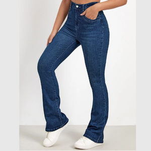 Jeans de mujer Pantalón de mezclilla Bolsillo lateral Cremallera Fly Regular Fit Cintura alta larga Bleach Dark Wash Bootcut Flare Leg Girls Jeans BD - Product Image 2