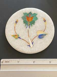 Sous-verres en marbre incrusté, pierre de malachite, lapis-lazuli, base en marbre blanc, ensemble rond vintage de luxe - Product Image 3