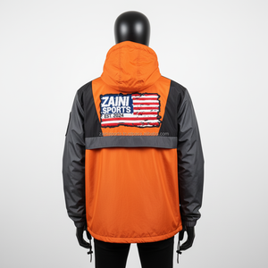 เสื้อกันลมแบบพรีเมี่ยมสำหรับผู้ชายเสื้อแจ็คเก็ตกันลมผ้ากันน้ำในแผงสีส้มและถ่านปักโลโก้ได้ตามต้องการ - Product Image 2