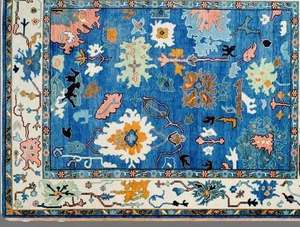 Haute Antique Oushak noué à la main 8x10 bleu moderne abstrait coton antidérapant PET amical mousse support faible Pile tapis tapis vivant - Product Image 2