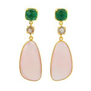 Top Green Hydro and Hydro Smoky and Natural Pink Chalcedony <b>Long</b> <b>Earring</b> 925 Sterling <b>Silver</b> - Product Image 5