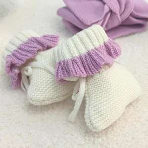 <span class=keywords><strong>Bottes</strong></span> en <span class=keywords><strong>tricot</strong></span> pour bébé fille de 0 à 6 mois Chaussettes en coton crocheté avec bord à volants Chaussons confortables en coton pur doux épissé Lilas Fleck Chaussons - Product Image 3