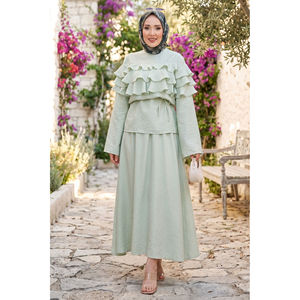 Conjunto de 2 Piezas para Mujer, Diseño Sólido, Tela Crepé, Talla XL, Cintura Imperio, Top Corto, Falda con Detalle de Volantes, Color Menta, para Club Nocturno - Product Image 1