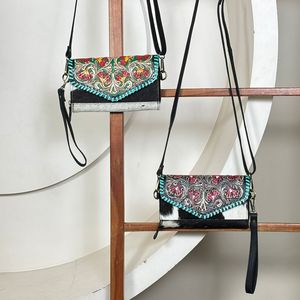 Sac à main élégant de marque célèbre, nouvelle arrivée, mini sac bandoulière et pochette pour femme, en cuir de vachette floral brodé, style bohème - Product Image 5
