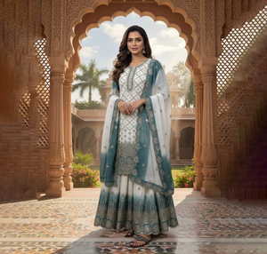 Vestido Étnico Moderno de Diseñador en Tela Georgette Sintética, Traje Sharara para Bodas Indias y Pakistaníes, Ajustado, Reversible, para Fiestas - Product Image 1