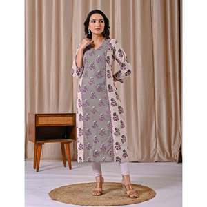 White Grey Cotton <b>Kurti</b> with Butta Block Print Straight Fit Other Ethnic Accessories - Product Image 6
