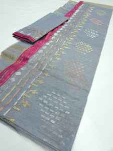 Exclusif Deshi Dhakai Jamdani Orange Sharee Qualité d'exportation pour les femmes JAMDANI FABRIC Bleu ROUGE VERT Doré du Bangladesh - Product Image 5