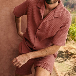 2026 Wholesale Custom Front Logo Breathable Solid Knitted Waffle Polo <b>Shirt</b> and Shorts Casual <b>Summer</b> Set <b>for</b> <b>Men</b> - Product Image 3