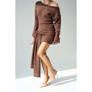 Abito in maglia color <span class=keywords><strong>cannella</strong></span> scuro con collo a scialle - Product Image 3