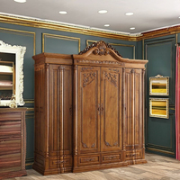Armoire classique européenne en teck sculpté à la main, 4 portes, style royal antique, en bois massif durable, autoportante