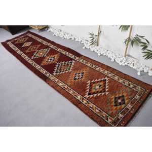 2.6x10.4 ft Rug, Vintage Herki Rug, Turkish <b>Brown</b> <b>Wool</b> Ombr Rug - Product Image 4