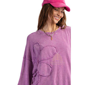 High Quality <b>Long</b> Casual Winter <b>Sweatshirt</b> <b>for</b> <b>Women</b> Front Custom Embroidery Thick 100% Cotton Fleece Acid Wash Printing - Product Image 3