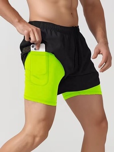 Men's Eco-Friendly Solid Black Running Shorts With Neon Green Inner <b>Layer</b> Quick Dry Elastic Waist Sporty Style Short Length - Product Image 2