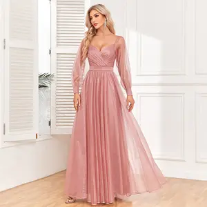 Nuovo stile elegante manica lunga senza schienale abiti da sera plissettati scintillante Tulle A linea rosa abiti lunghi da sposa