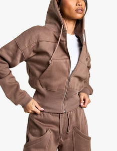 Chándal sólido informal con cremallera de alta calidad para mujer, parche bordado personalizado, pantalones de chándal con capucha, conjunto de 2 piezas transpirable de algodón 100% - Product Image 2