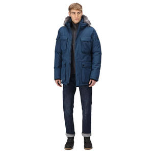 Chaqueta Parka de Otoño para Hombre, Diseño OEM, Azul, Impermeable, de Lona, con Cuello Alto, Bolsillos Delanteros y Piel Sintética en el Capucha - Product Image 3
