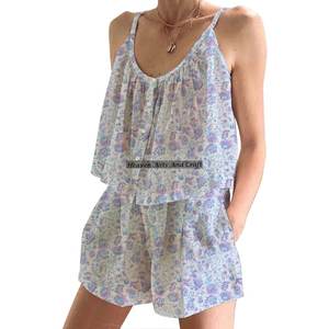 Conjunto de Pijama de Algodón Estilo Bohemio - Camisa de Algodón Primavera/Verano Floral Ajustada con Tirantes Sin Mangas - Product Image 6