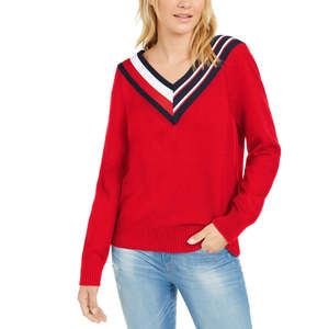 Maglione da donna Tommy Hilfiger stile preppy a righe con scollo a V, traspirante, floreale, lungo, casual, rosso, taglia XL - Product Image 1