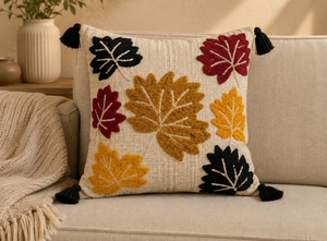 Coussin brodé à la main en coton avec insert, motif feuilles multicolores, pour décoration intérieure - Product Image 6