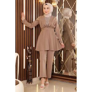 ชุดลำลองแบบมีเข็มขัด ผ้าโพลีเอสเตอร์คุณภาพสูง คอตั้ง ลายพิมพ์ ทรงเข้ารูป เสื้อและกางเกงขายาวระดับเข่า - Product Image 3