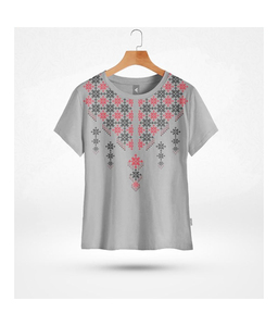 Camiseta estampada de manga de media nueva moda, Camiseta de algodón 100% con gráfico de Tela con estampado personalizado de cuello redondo dividido de gran tamaño para mujer - Product Image 1