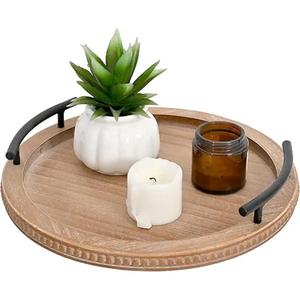 Bandejas de madera de acacia de calidad superior de proveedor de confianza Bandeja de madera de forma redonda con asas de metal a buen precio de la India - Product Image 1