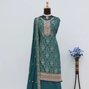 Hiver brodé lourd Salwar Kameez Viscose Jacquard Top Dull Santoon Bottom Chinon Dupatta avec Sequence & Jari Work - Product Image 1