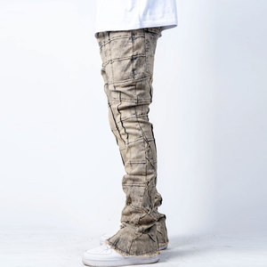 Pantalones Acampanados de Cintura Media para Hombre, Estilo Urbano, de Algodón y Spandex, Ajuste Regular, Jeans Apilados Desgastados, Transpirables y de Peso Pesado para Otoño - Product Image 2