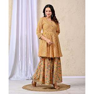 ชุดชาราร่าผ้าฝ้ายพิมพ์ลายสีเหลืองสำหรับผู้หญิง เสื้อแขนสามส่วน - Product Image 5