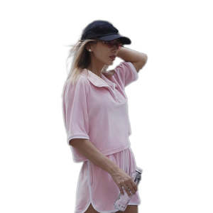 Nouvel ensemble décontracté en tricot 100 % coton respirant sans col pour femme, composé d'un haut court à demi-zip et d'un short élastique – Tenue d'été - Product Image 3