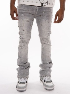 Mens Rhinestone Distressed Denim Jeans Skinny Denim Stacked Pants for Streetwear <strong>Wholesale</strong> ODM/OEM Supply Factory Monkey Wash - Product Image 1