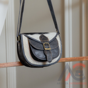 Sac à main rond en cuir de vachette de qualité supérieure avec poche supplémentaire en cuir véritable noir et blanc pour femmes - Product Image 4