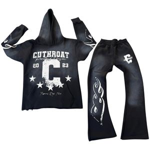 Ensemble sweat à capuche et pantalon de survêtement zippés délavés à l'acide pour hommes survêtements délavés au soleil avec col à capuche sérigraphié - Product Image 1