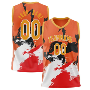 Camisetas de Baloncesto al por Mayor con Diseño de Pinceladas Naranja y Negro, Transpirables, de Malla, sin Mangas, Sublimadas, Personalizables para Equipos - Product Image 1