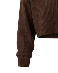 <b>Womens</b> Brown Ribbed Knit Cropped Polo Sweater With Button Placket Long Sleeve Soft Winter Fashion <b>Top</b> For <b>Women</b> Casual Wear <b>Warm</b> - Product Image 6