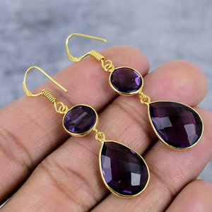 พลอยสีม่วงทรงกลมและลูกแพร์925อัญมณีชุบทองเงินสเตอร์ลิงต่างหูตุ้งติ้งของขวัญต่างหูโบฮีเมียนสำหรับผู้หญิง - Product Image 4
