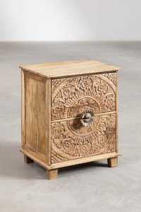 Table d'appoint Wilona en bois d'acajou de haute qualité avec tiroirs et décorations sculptées pour chambre à coucher, finition naturelle - Product Image 2