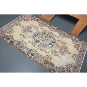 Alfombra turca clásica vintage beige marrón 3,7x6,7 pies lana hecha a mano con respaldo de látex patrón de retazos rectangulares para cabecera - Product Image 4