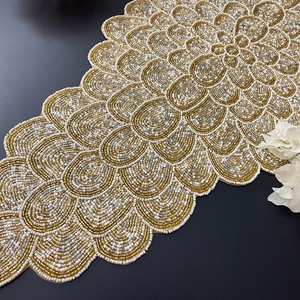 XL Mesa de cuentas hecha a mano runnerpavo real floral runnergoldsilver y white13x60 inch - Product Image 3