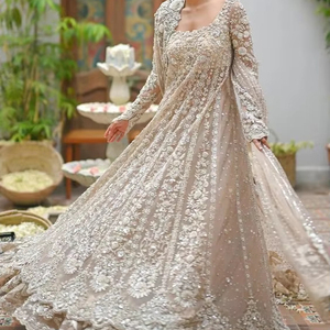 LATEST <strong>WHITE</strong> BRIDAL <strong>ANARKALI</strong>,LEHENGA &amp; DUPATTA DRESS WITH BEAUTIFUL HEAVY DABKA ,PEARLS,RESHAM EMBROIDERY WORK for WEDDING=2024 - Product Image 1
