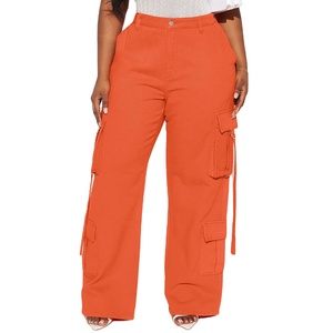 Breathable Womens <b>Jeans</b> Comfortable Cargo Style Multi Pockets Cotton Denim Over Length Pants - Product Image 1
