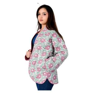 Chaqueta de invierno con estampado de bloques de algodón para mujer Abrigo estampado hecho a mano indio, prendas de vestir exteriores de estilo étnico para clima frío y ropa informal - Product Image 3