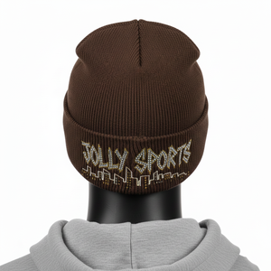 Bonnet en tricot jacquard de style urbain avec logo en strass personnalisé en transfert thermique, en acrylique extensible de qualité supérieure 250 GSM, ton brun - Product Image 2