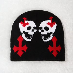 Bonnet personnalisé 100% acrylique crâne chapeau imprimé deux tête de crâne motif unisexe course vélo sport bonnet tricoté chapeau - Product Image 2