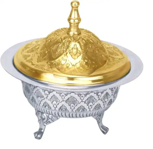 Premium Magnifique Métal Plaqué Argent Taille Personnalisée Forme Ronde Arabe Dates Bol Snack Plat Avec Couvercle Avec Conception De La Couronne - Product Image 3