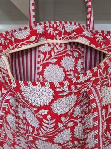 Crimson Boho Floral Quilted Tote <b>Bag</b> Red Floral Block Print Cotton for Summer - Product Image 3
