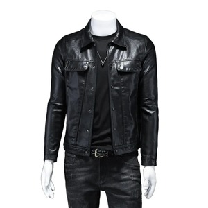 Veste en cuir pleine fleur à col montant pour hommes de haute qualité Slim-Fit attrayant rayé noir ivoire fermeture éclair enduit hiver - Product Image 4