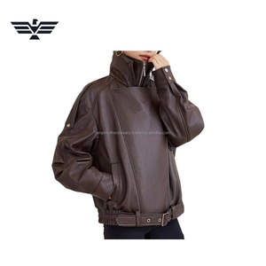 <b>Women</b> Oversized <b>Brown</b> Sheep Skin Breathable Woven <b>Jacket</b> High Neck Single Button Coat <b>for</b> Autumn - Product Image 2